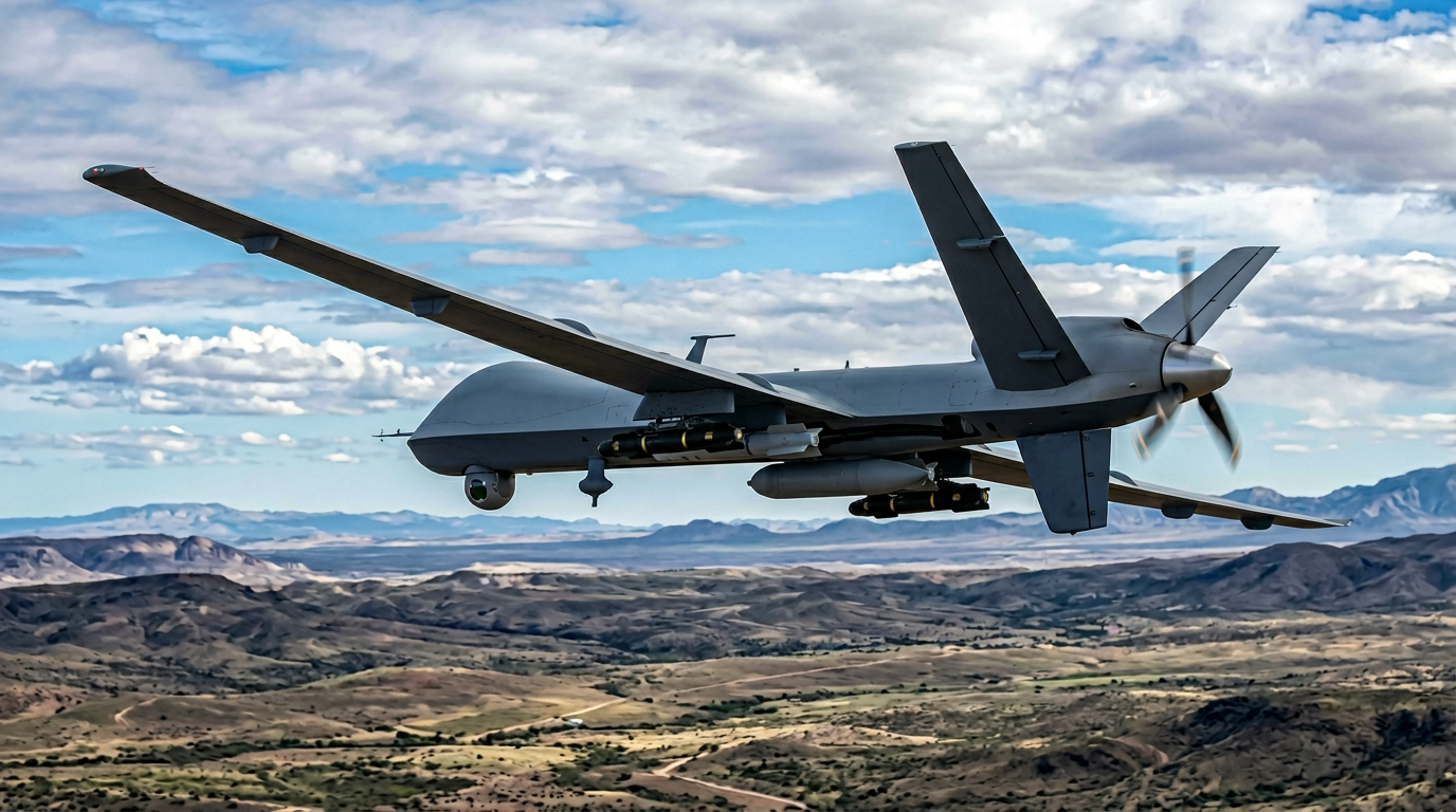 Fixed-wing MALE drone in flight — ADS-B Out equipped for BVLOS operations